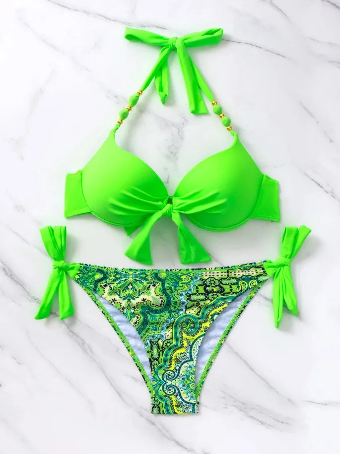 Push Up Halter Bikini Printed Swimsuit Women Sexy Strappy Swimwear Female Bathers Bathing Swimming Swim Suit Beachwear