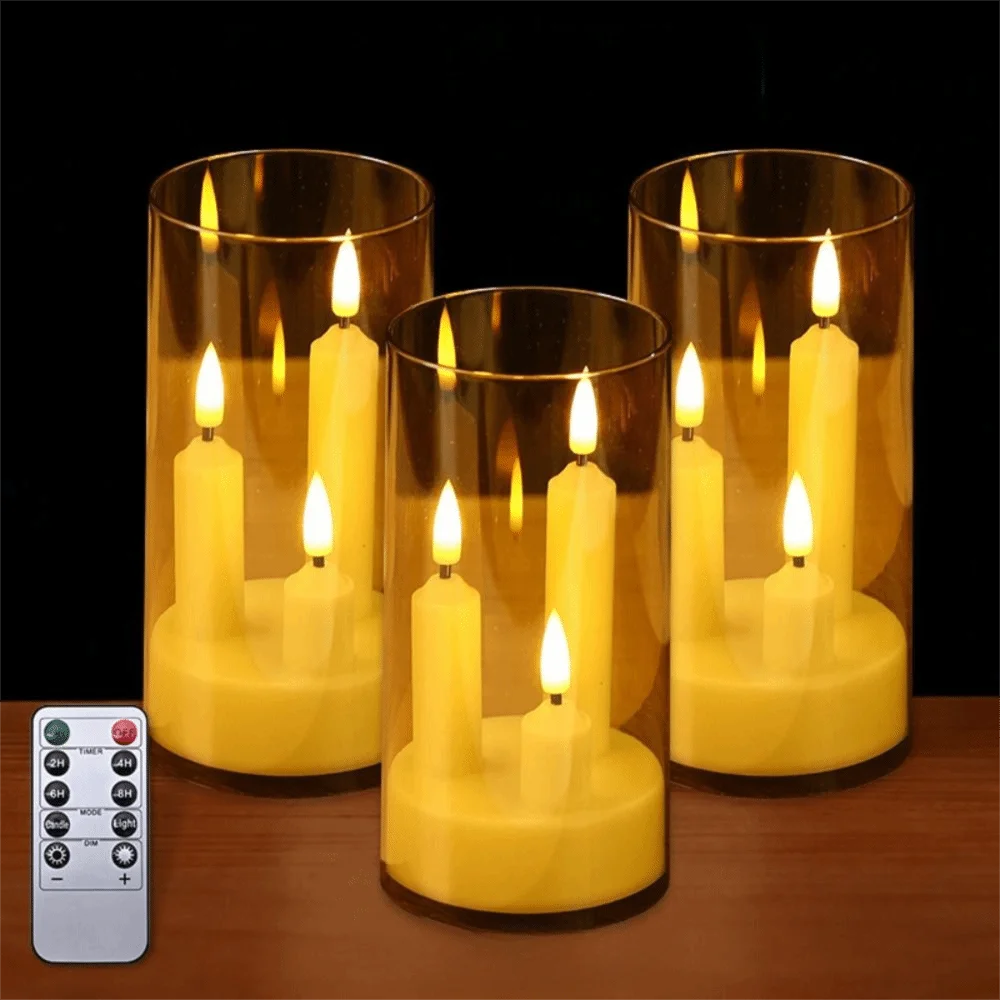 3 in 1 Design Flameless Taper Candles Transparent Lampshade Warm Light Flickering LED Candles Romantic Decorative