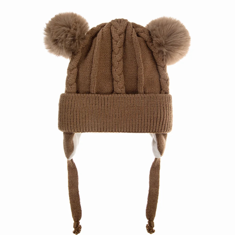 Cute Bear Earpuff Textured Knit Hats Pompom Baby Boys Girls Thick Warm Winter Ear Protection Caps Cotton Lining Kids Headwraps