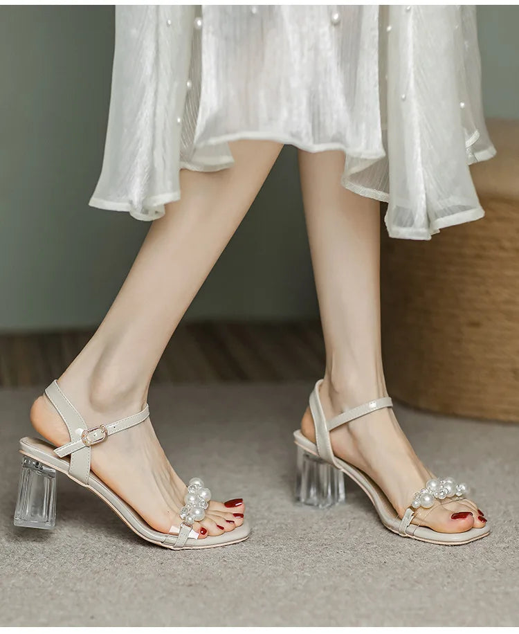 Summer Fahsion Sandals Women 2026 New Pearl High Heels Slippers Girls Crystal Heel Summer Shoes Trendy Slides Transparent Sandal