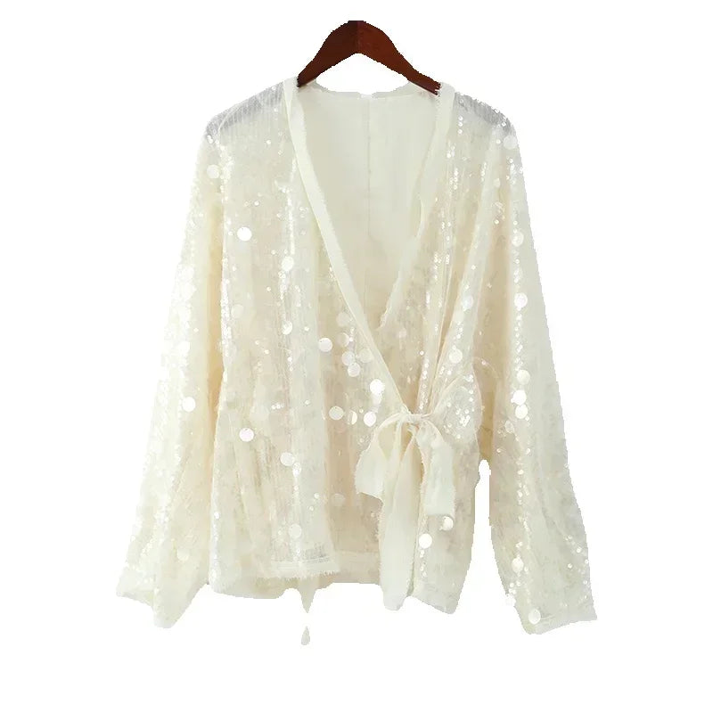 Fashion Women Sequined Lace Up Looseen Shirt Casual Female Long Sleeves V Neck Blouse 2025 Chic Female Spring Commute Streetwear