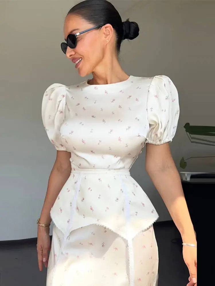 Women's White Floral Print Puff Sleeve Dress With Waistband Fashion Satin Ruffled Hem Maxi Dress