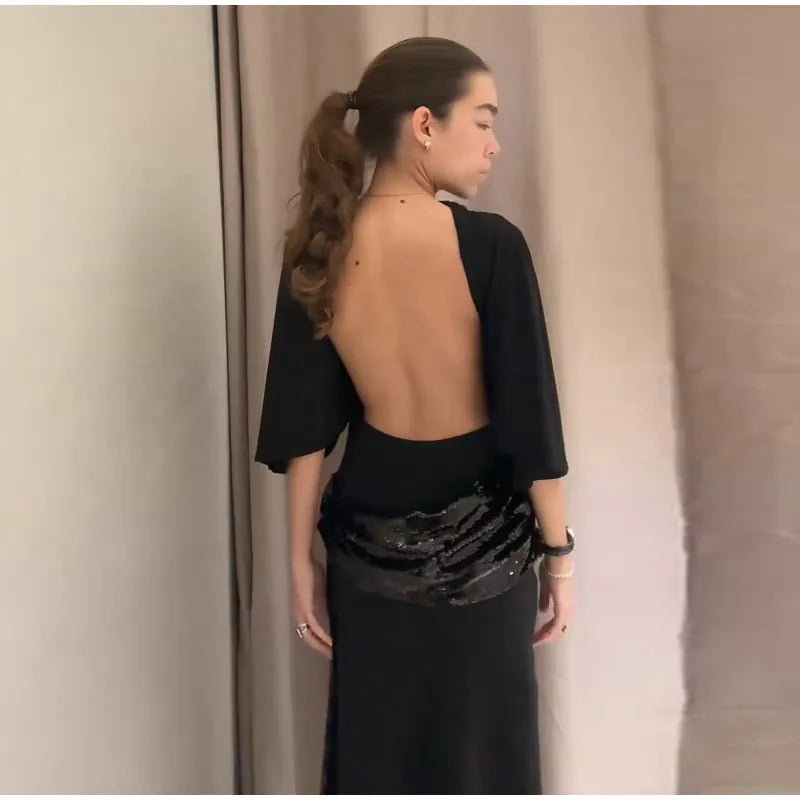 Sequined Patchwork Evening Dress Women Sexy Backless Half Sleeve Slim Hip Package Long Dresses Fashion Elegant Party Robes Lady