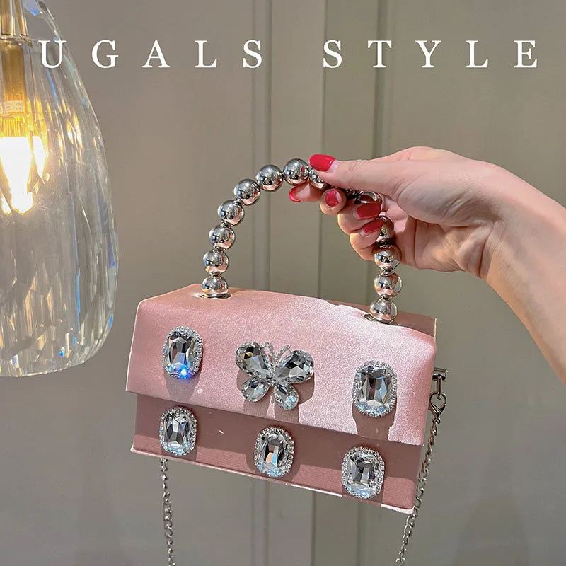 Luxury Designer Satin Square Box Crystal Shiny Diamonds Evening Bag Women's Handbag Wedding Party Clutch Purse Crossbody Bag