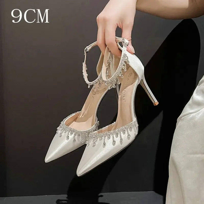 Comemore White Wedding Bridesmaid Shoes Satin Fashion Rhinestone Fringe Chain High Heels Black Temperament Elegance Pumps