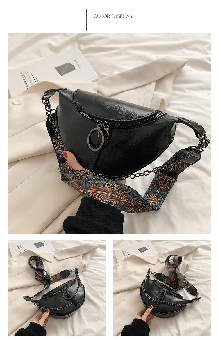 Fashion Saddle Waist Bag Fanny pack Luxury Leather Female Belt Bags Chain Handbag Purse Woman Retro Shoulder Crossbody Chest Bag