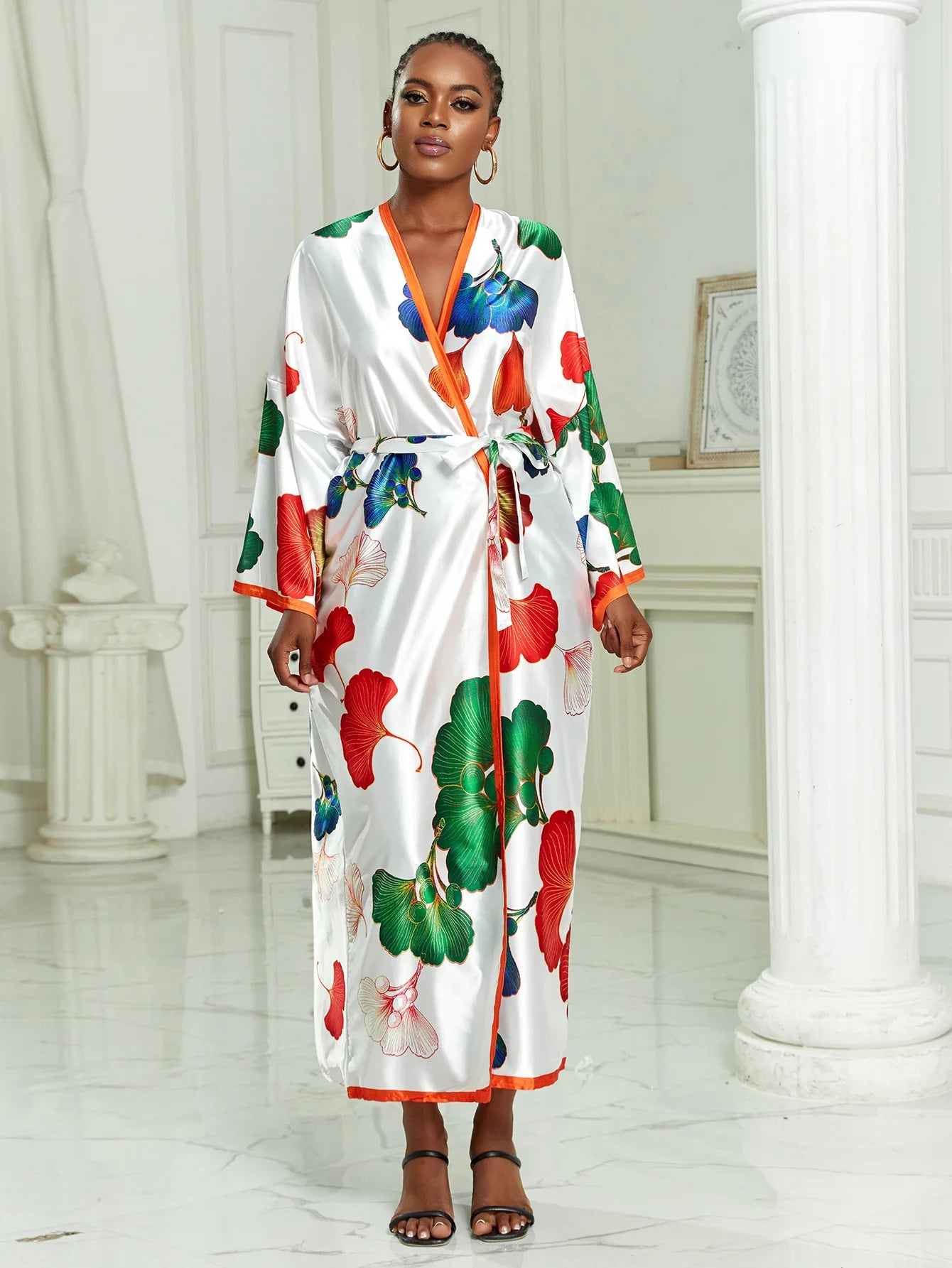 Long Kimono Bath Robe Gown Wide Sleeve Print Flower Robe Women Satin Nightgown New Silk Satin Nightdress V-Neck Lounge Sleepwear