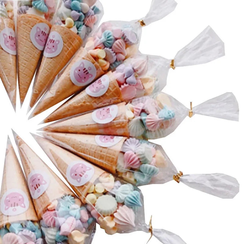50/100pcs Candy Bags Cellophane Popcorn Bags Cone Cookies Storage Bags with Gold Twist Ties Wedding Birthday Party Favors