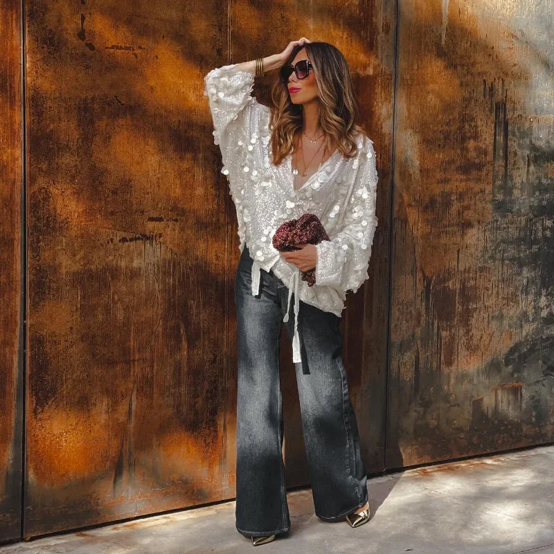 Fashion Women Sequined Lace Up Looseen Shirt Casual Female Long Sleeves V Neck Blouse 2025 Chic Female Spring Commute Streetwear