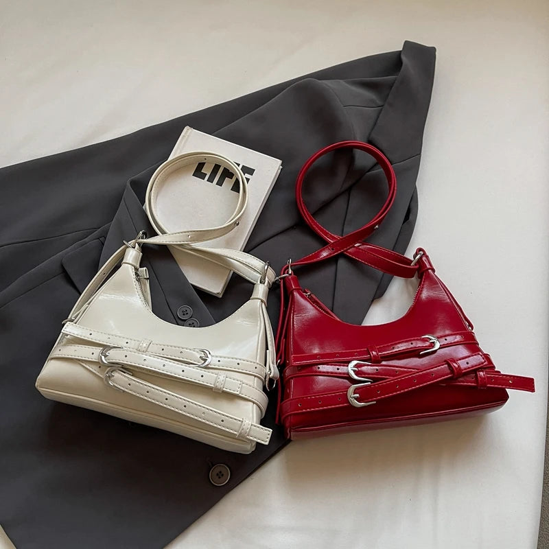 LEFTSIDE Belt Design Small PU Leather Shoulder Bags for Women 2025 Y2K Korean Fashion Crossbody Bag Lady Red Handbags and Purses