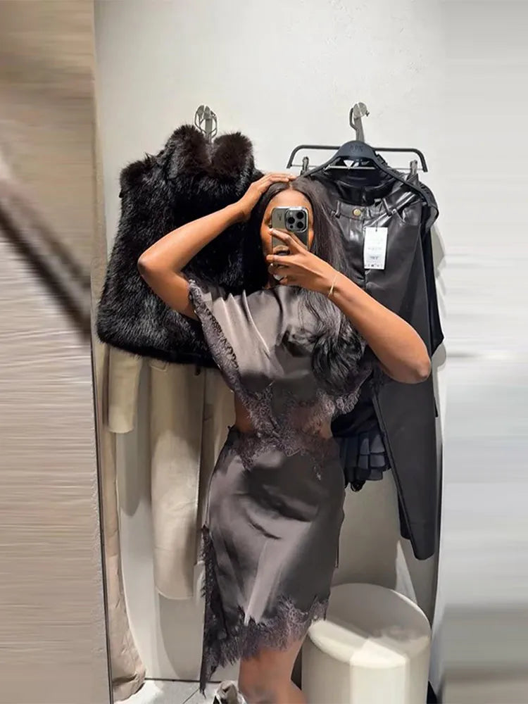 Lace Women's Dress Opening Design Solid Dress Female Sexy O-Neck Hollow Waist Elegant Party Dresses Slanted Hem Dresses Ladies