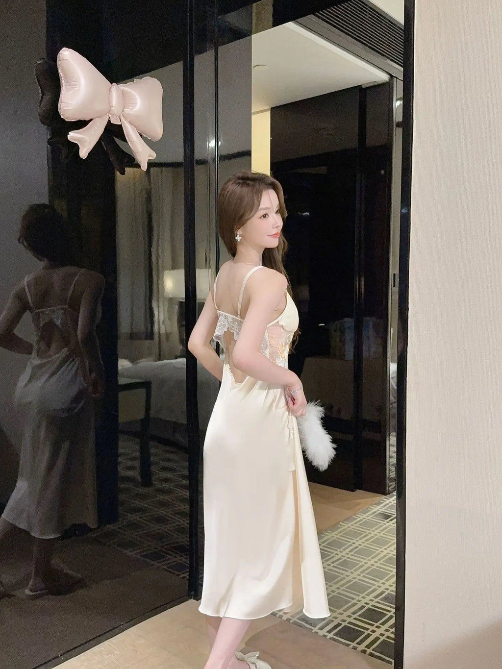 Patchwork Lace Female Long Twinset Robe Set Sexy Lingerie Nightgown Home Dress Elegant Ice Silk Kimono Gown Bathrobe Sleepwear
