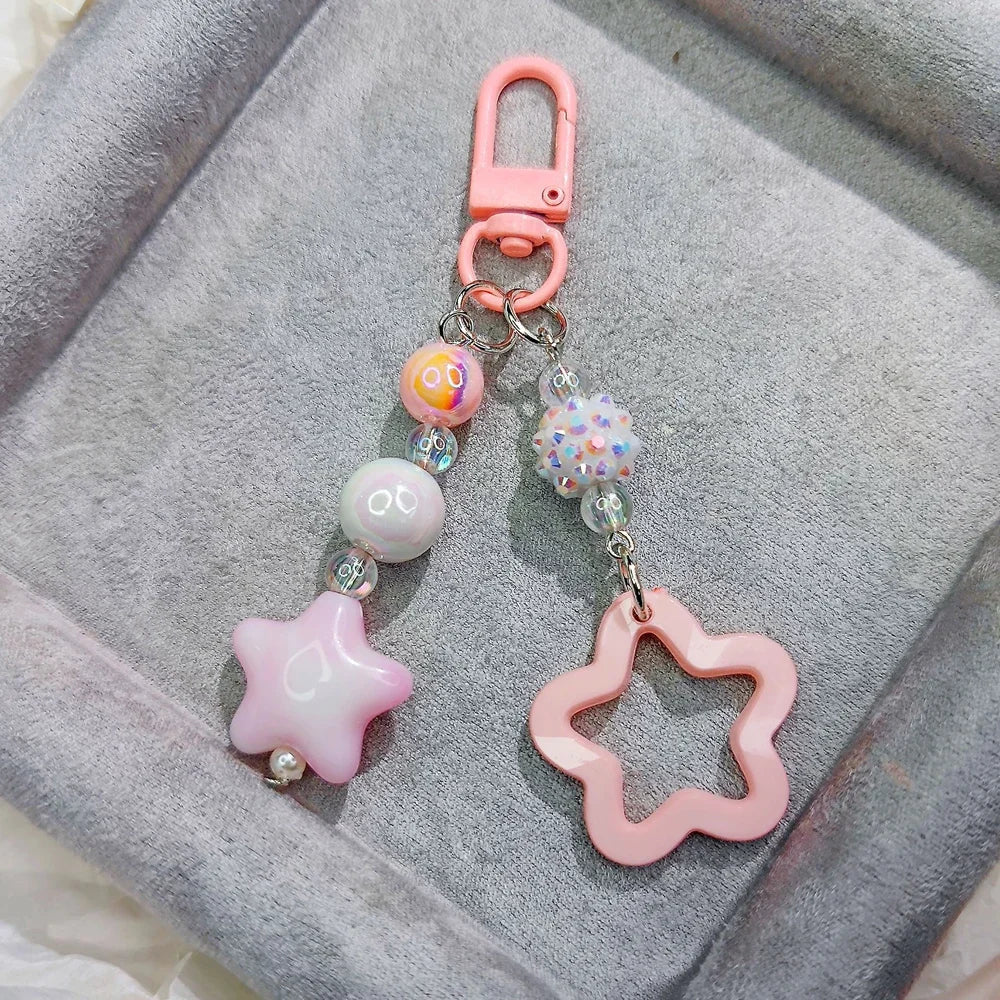 Gradient Color Star Beaded Keychain Imitation Pearl Acrylic Hollow Pentagram Keyring Girls Earphone Case Phone Decor Ornaments