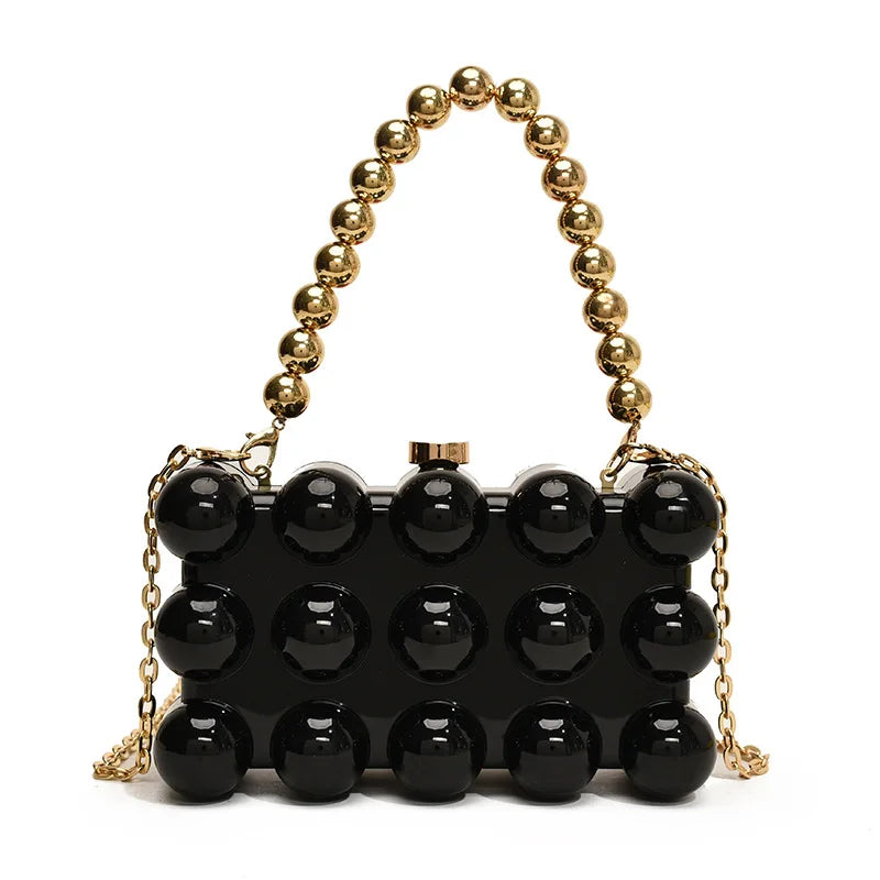 Gold Beaded Chain Banquet Purse Luxury Acrylic Cake Box Bag Women Niche Design Creative High-end Brand Elegant Shoulder Handbag