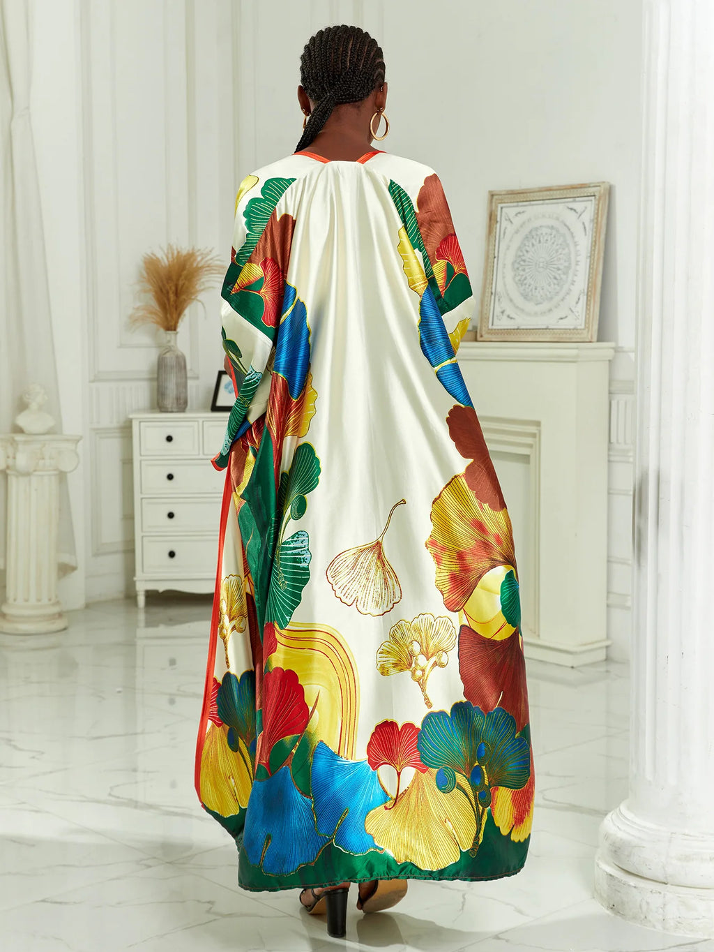 Long Kimono Bath Robe Gown Wide Sleeve Print Flower Robe Women Satin Nightgown New Silk Satin Nightdress V-Neck Lounge Sleepwear