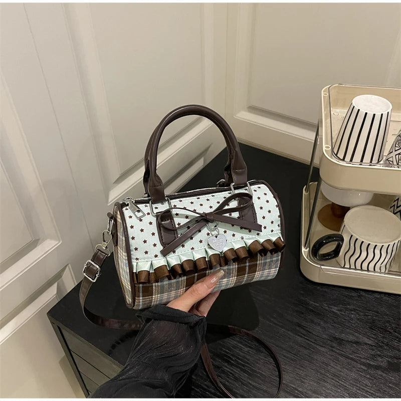 Korean Bow Pillow Bag Women Star Checkered Handbag Blue Brown Pleated Edge Shoulder Bag Cute Heart-shaped Pendant Crossbody Bag