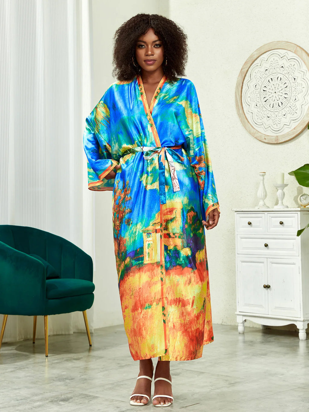 Long Kimono Bath Robe Gown Wide Sleeve Print Flower Robe Women Satin Nightgown New Silk Satin Nightdress V-Neck Lounge Sleepwear