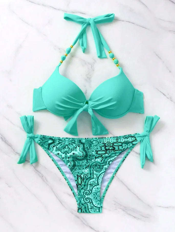 Push Up Halter Bikini Printed Swimsuit Women Sexy Strappy Swimwear Female Bathers Bathing Swimming Swim Suit Beachwear