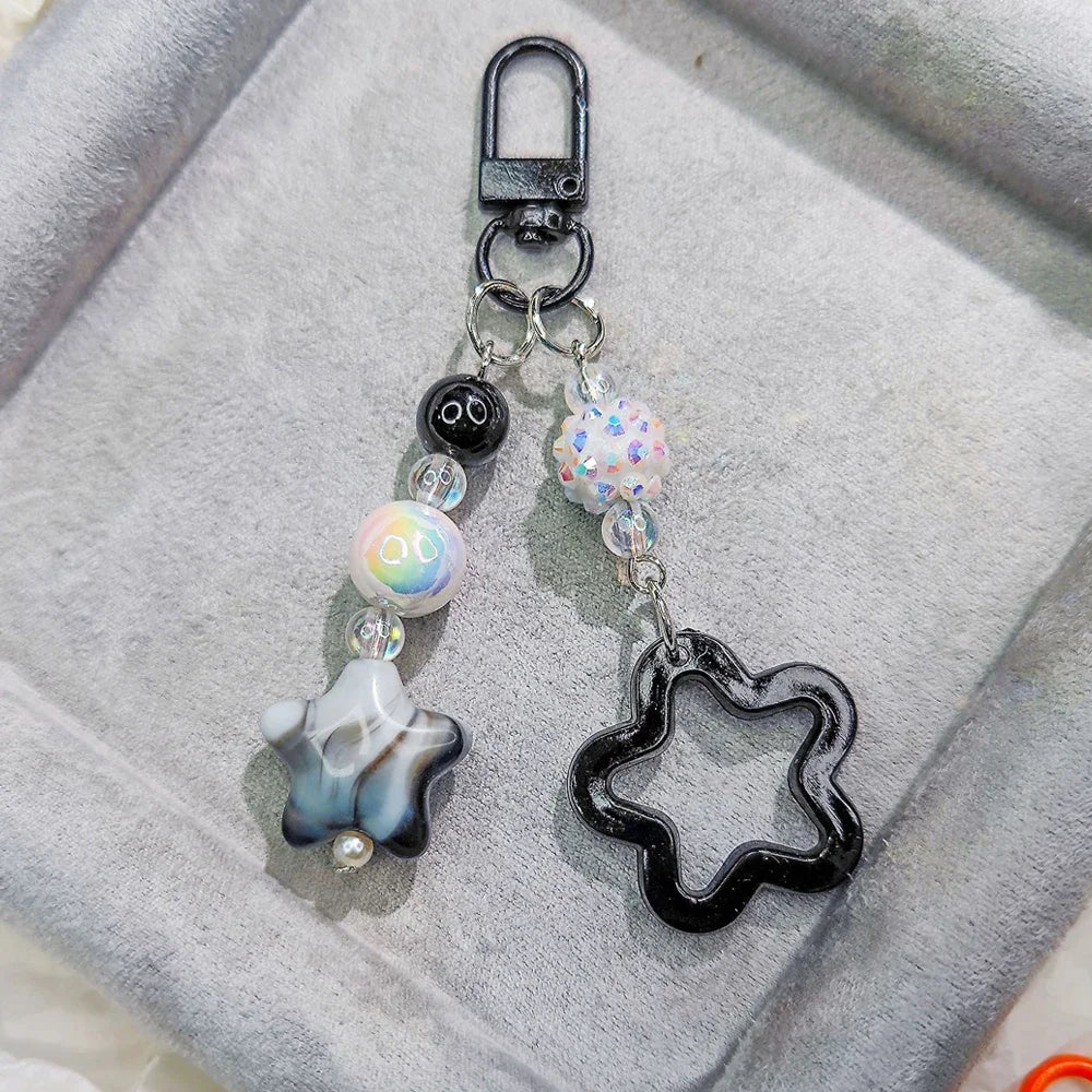 Gradient Color Star Beaded Keychain Imitation Pearl Acrylic Hollow Pentagram Keyring Girls Earphone Case Phone Decor Ornaments