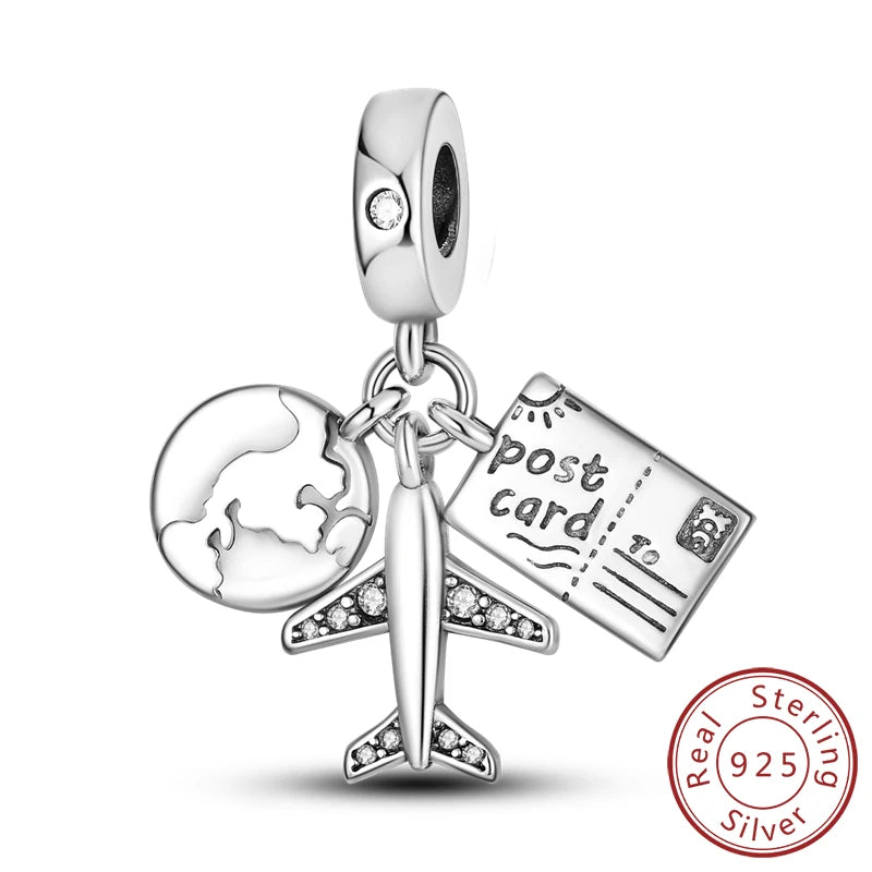 925 Sterling Silver Charms Bead Dangle Airplane Luggage Passport Travel Charms Fit Original Charms Bracelet Jewelry Gift