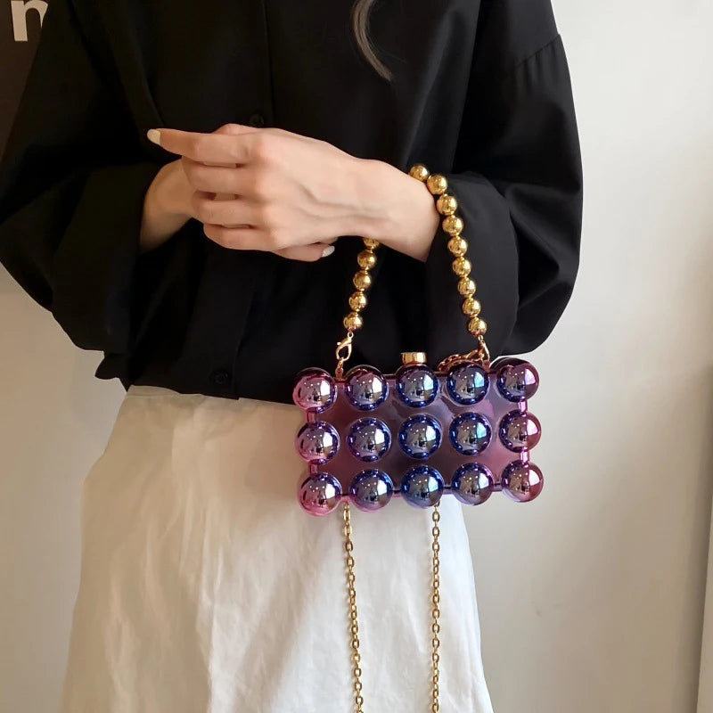 Gold Beaded Chain Banquet Purse Luxury Acrylic Cake Box Bag Women Niche Design Creative High-end Brand Elegant Shoulder Handbag