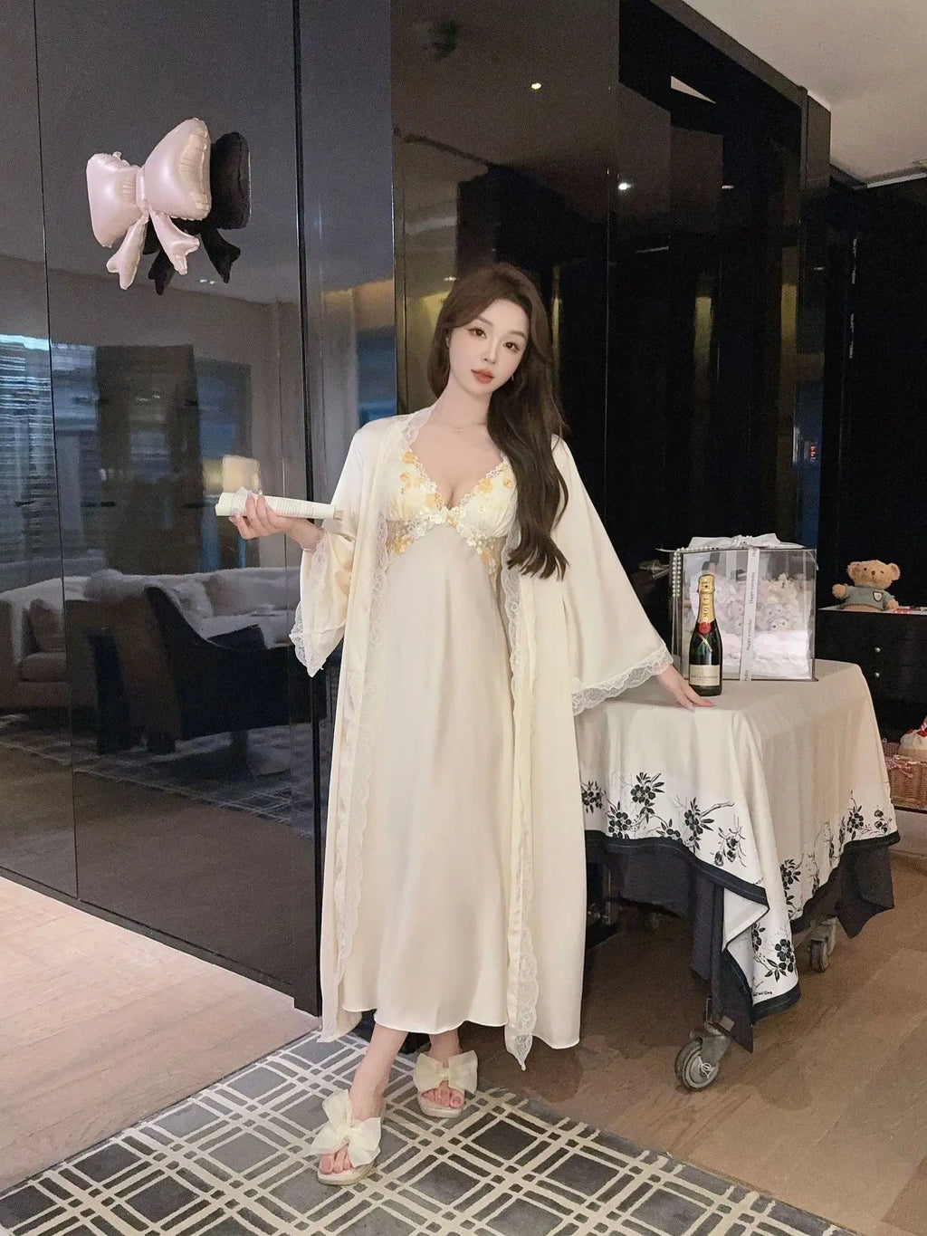 Patchwork Lace Female Long Twinset Robe Set Sexy Lingerie Nightgown Home Dress Elegant Ice Silk Kimono Gown Bathrobe Sleepwear
