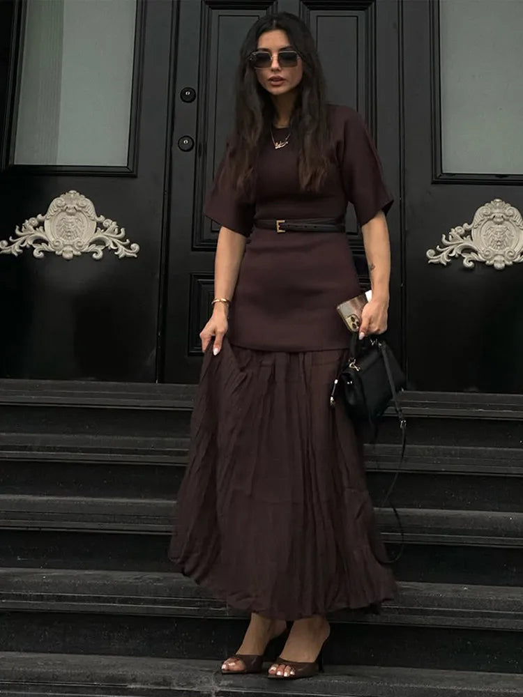 Chic Splicing Brown Half Sleeve Maxi Dress Women's Casual Pleated A-line Slim Vestidos Female Office Commute Street Robes