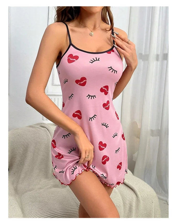 Women's Sleepwear Butterfly Print Lettuce Trim Nightdress Casual Round Neck Backless Mini Slip Dress Soft Comfortable Nightwear