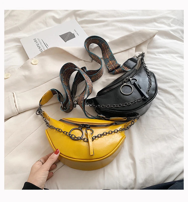 Fashion Saddle Waist Bag Fanny pack Luxury Leather Female Belt Bags Chain Handbag Purse Woman Retro Shoulder Crossbody Chest Bag