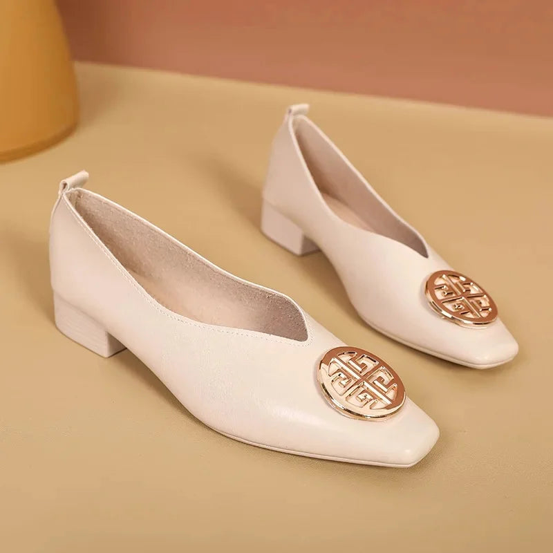 New 2025 Chinese Style Green Square Head Grandma Shoes Women's Thick Heel Slip-On Soft Bottom Mom Shoes Synthetic Upper