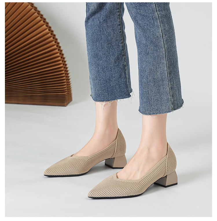 New Women's High Heels Large 42/43 Fashion Pointed Anti slip Rubber Bottom Knitted Breathable Shoes