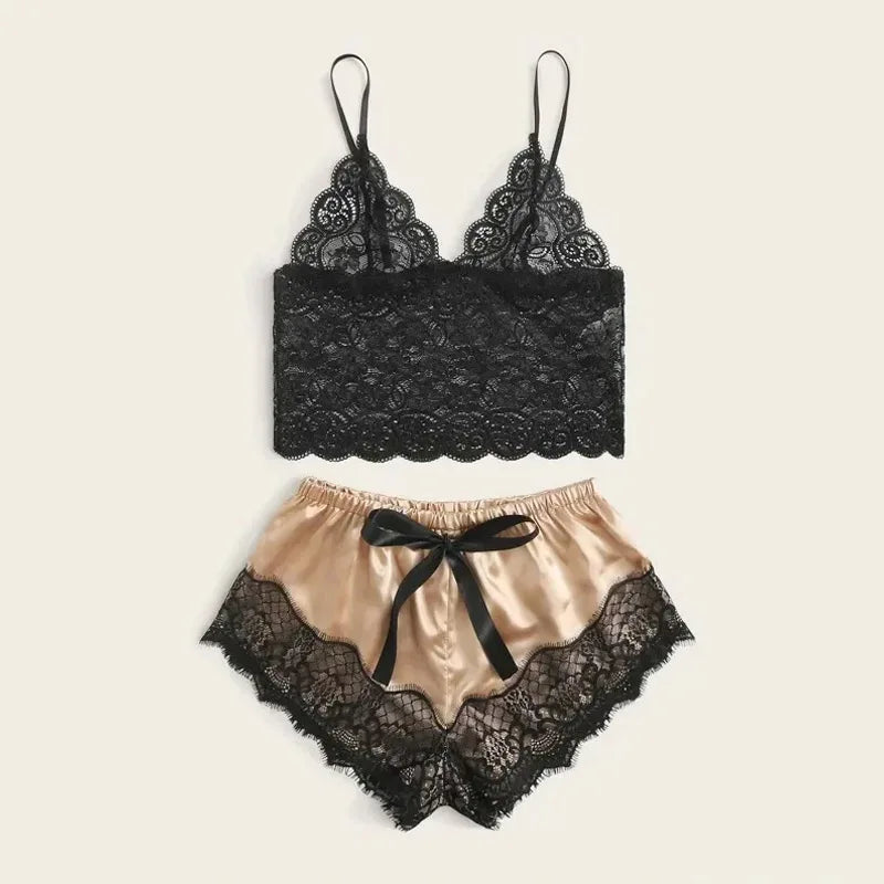 Women's 2 Piece Sexy Lace Pajama Set See-through Bralette Cami Top And Shorts Breathable Sleepwear Plus Size Summer Lingerie