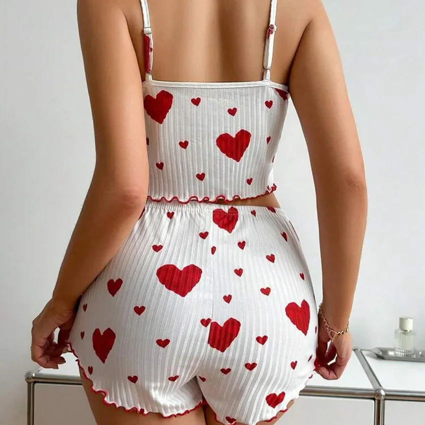 Women's Kawaii Pink Heart Print Pajama Set, Ribbed Spaghetti Strap Crop Top & Shorts, Summer Sleepwear Loungewear