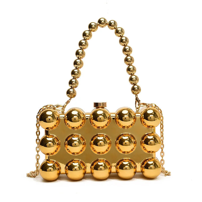 Gold Beaded Chain Banquet Purse Luxury Acrylic Cake Box Bag Women Niche Design Creative High-end Brand Elegant Shoulder Handbag
