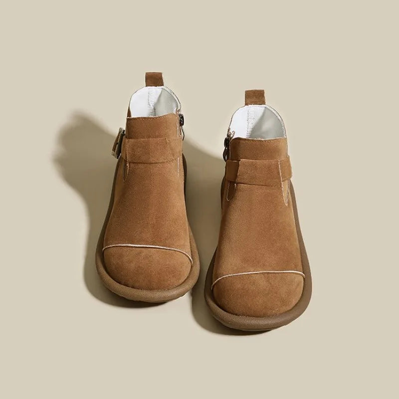 2026 New Autumn/Winter Fashion Flat Short Boots Round Toe Side Zipper Buckle Casual Splice Women's Shoes  35-40