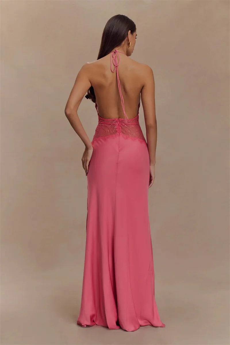 Mozision Summer Backless Sexy Maxi Dress Women Gown Patchwork Lace Halter Deep V Neck Sleeveless High Waist Elegant Long Dress