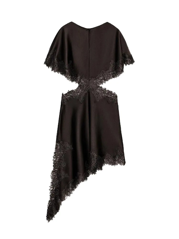Lace Women's Dress Opening Design Solid Dress Female Sexy O-Neck Hollow Waist Elegant Party Dresses Slanted Hem Dresses Ladies