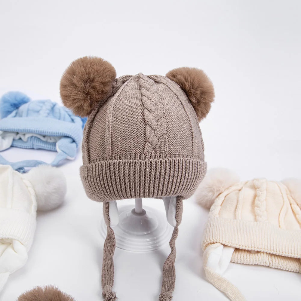 Cute Bear Earpuff Textured Knit Hats Pompom Baby Boys Girls Thick Warm Winter Ear Protection Caps Cotton Lining Kids Headwraps