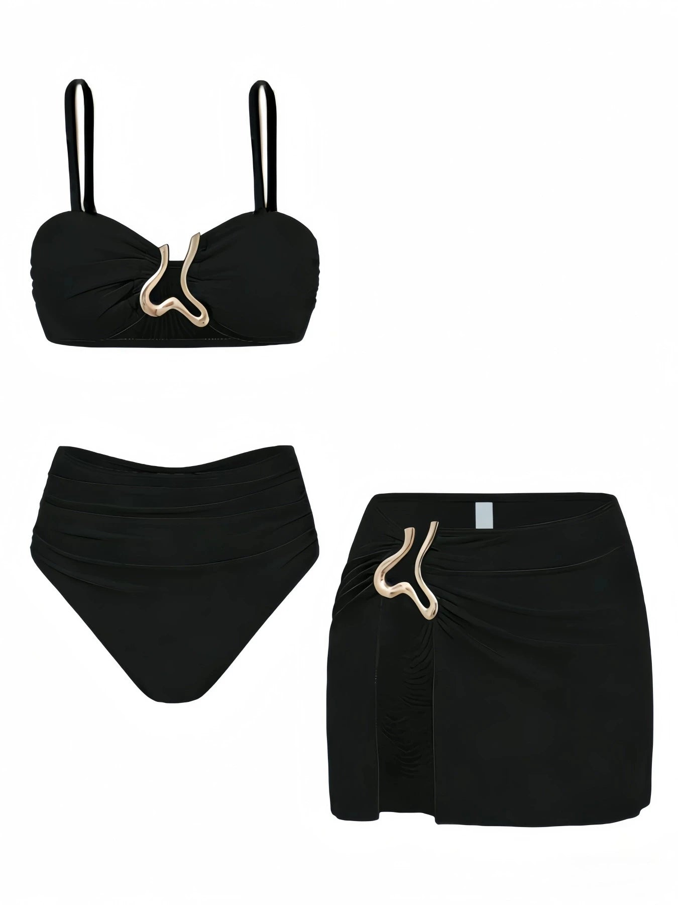 Sexy Detachable Shoulder Bikini Set Women Brown Metal Push Up High Waist Swimsuit Beach Bathing Suit Skirt 3 Piece Swimwear