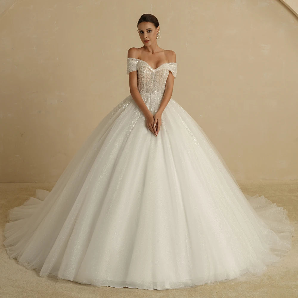 BEPEITHY Customized Luxury Strapless A Line Glitter Wedding Dresses Off The Shoulder Women Ivory Bling-Bling Bride Bridal Gown