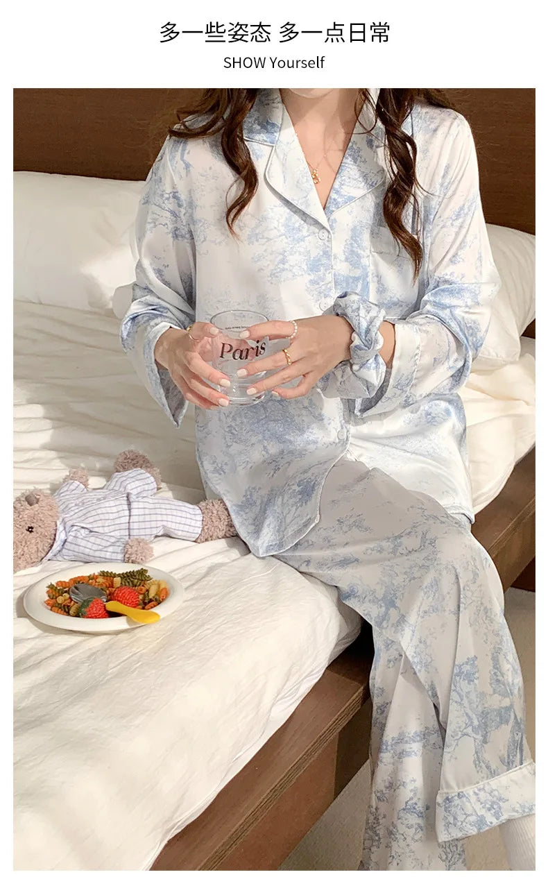 Women Sleepwear 2PCS Pajamas Set Sexy Print Flower Long Sleeve Trouser Suits Loungewear Loose Casual Satin Home Clothes Pyjama
