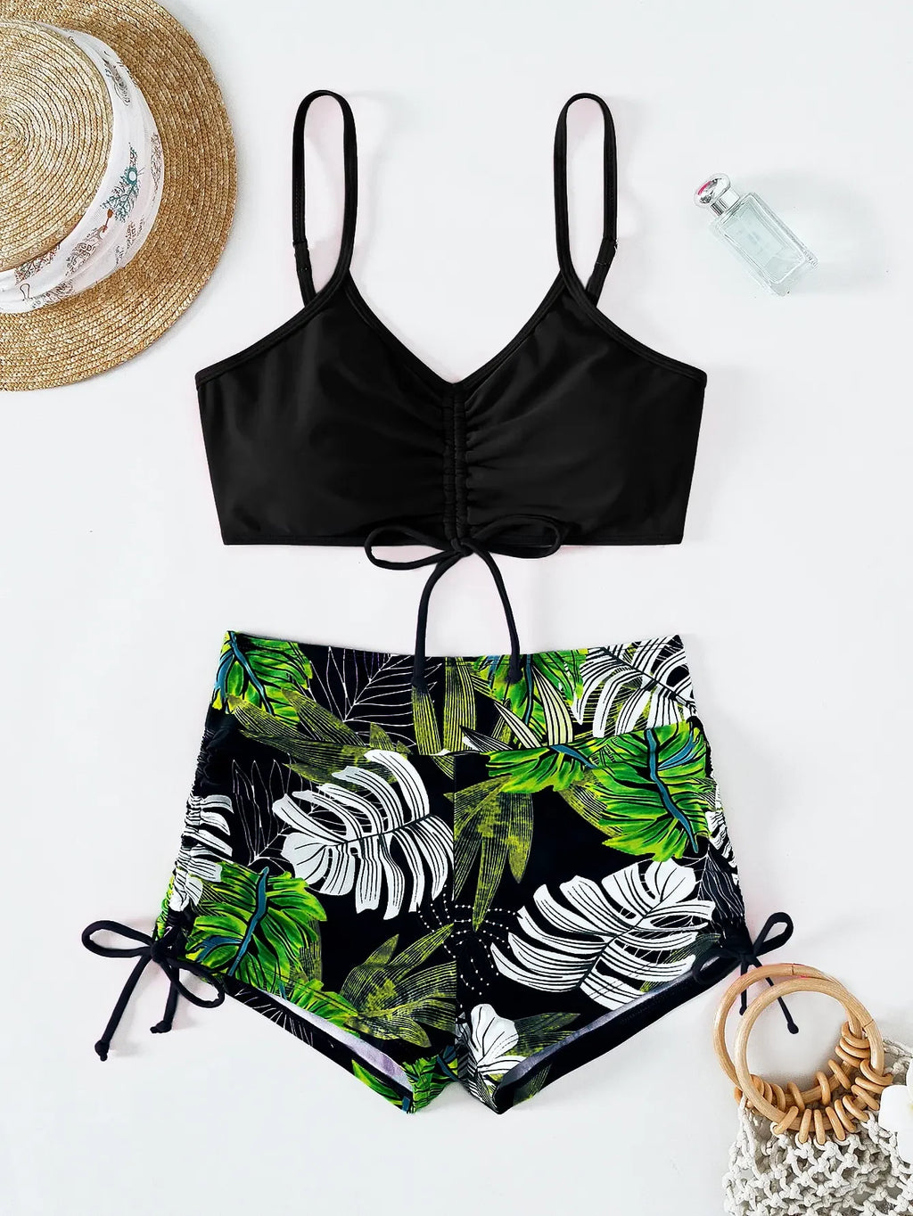 Drawstring Front Shorts Bikinis High Waist Swimsuit Women Swimwear Female Bathers Bathing Swimming Swim Suit Beachwear