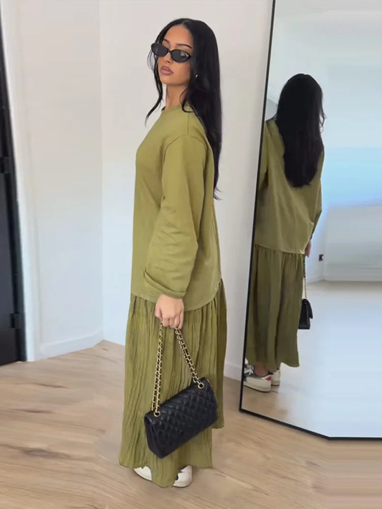 Short Sleeve Patchwork Oversized Long Dress Women Elegant O-neck Pleated Loose Party Evening Dresses Summer Casual Lady Vestidos