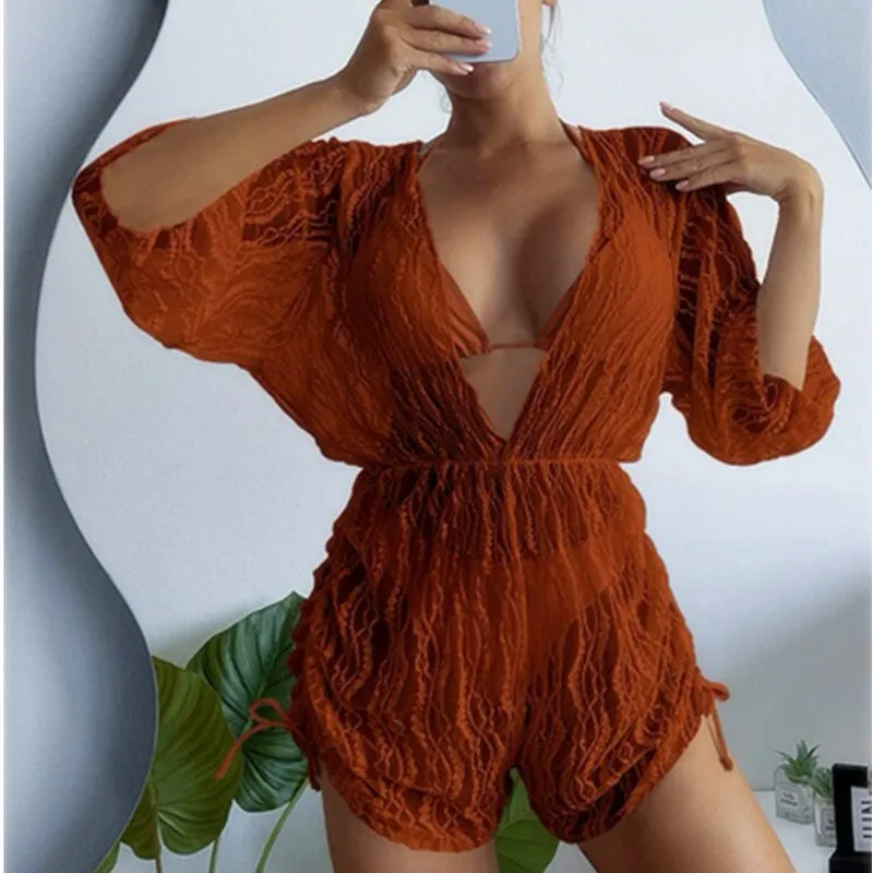 New 3 Piece Bikini Set Plus Size Swimsuit Women Long Sleeve Cover Up Print Halter Swimwear Beach Wear Sexy Bathing Suit 3XL
