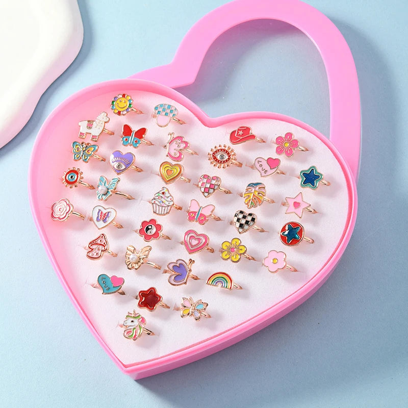 6/12/36pcs Adjustable Rings for Girls Pretend Play Makeup Toys for kids Cartoon Jewelry Alloy Rings Birthday Gifts for Girls