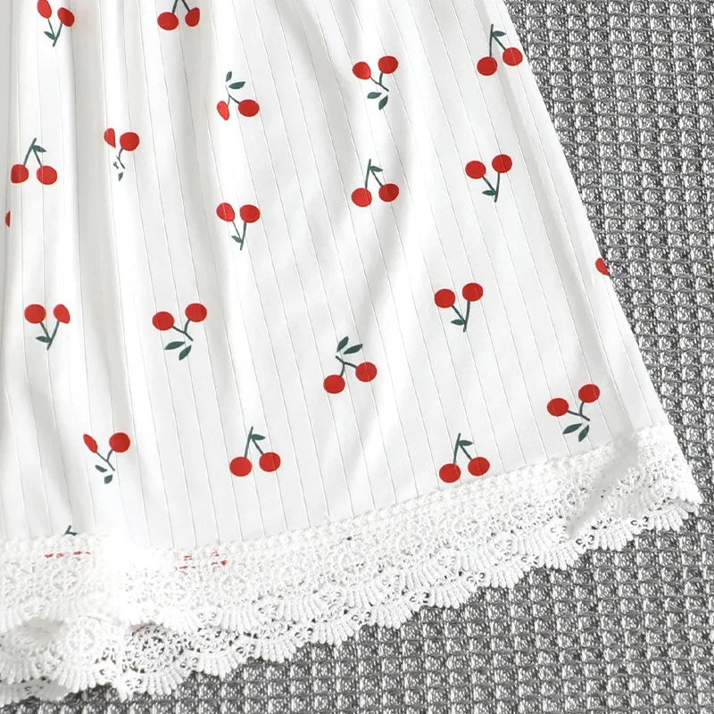 Women's Pajamas Set Cherry Print Lace Trim Sleepwear Short Sleeve V-Neck Top & Shorts Summer 2 PCS Set Cute Homewear Loungewear