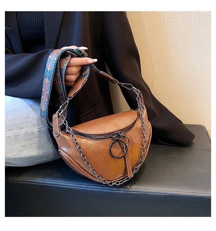 Fashion Saddle Waist Bag Fanny pack Luxury Leather Female Belt Bags Chain Handbag Purse Woman Retro Shoulder Crossbody Chest Bag