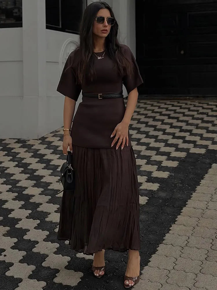Chic Splicing Brown Half Sleeve Maxi Dress Women's Casual Pleated A-line Slim Vestidos Female Office Commute Street Robes