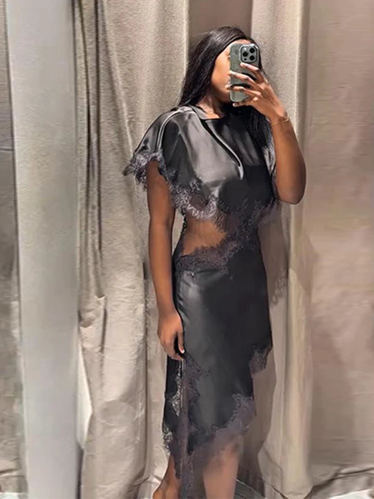 Lace Women's Dress Opening Design Solid Dress Female Sexy O-Neck Hollow Waist Elegant Party Dresses Slanted Hem Dresses Ladies