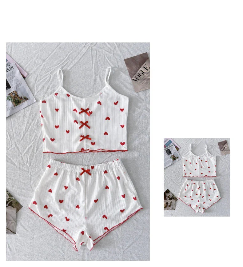 Sexy Sleepwear Women Pajamas Set Heart Print Silk Stain V-Neck Sleeveless Casual Cami Top and Shorts Sets Home Suit Loungewear
